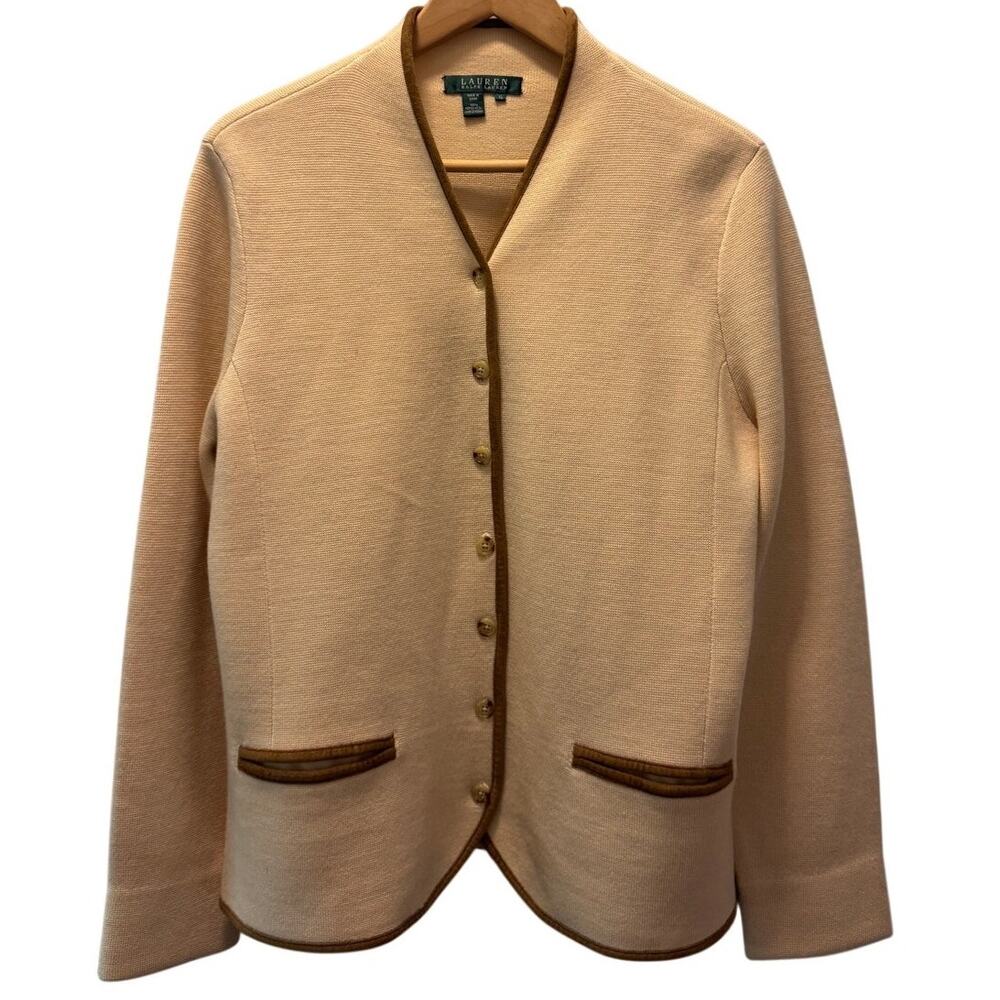 Lauren Ralph Lauren Women’s Cardigan Sweater Merino 100% Wool Beige Button Up XL